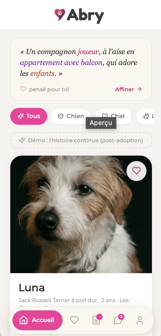 Aperçu de l'accueil Abry et des animaux à adopter